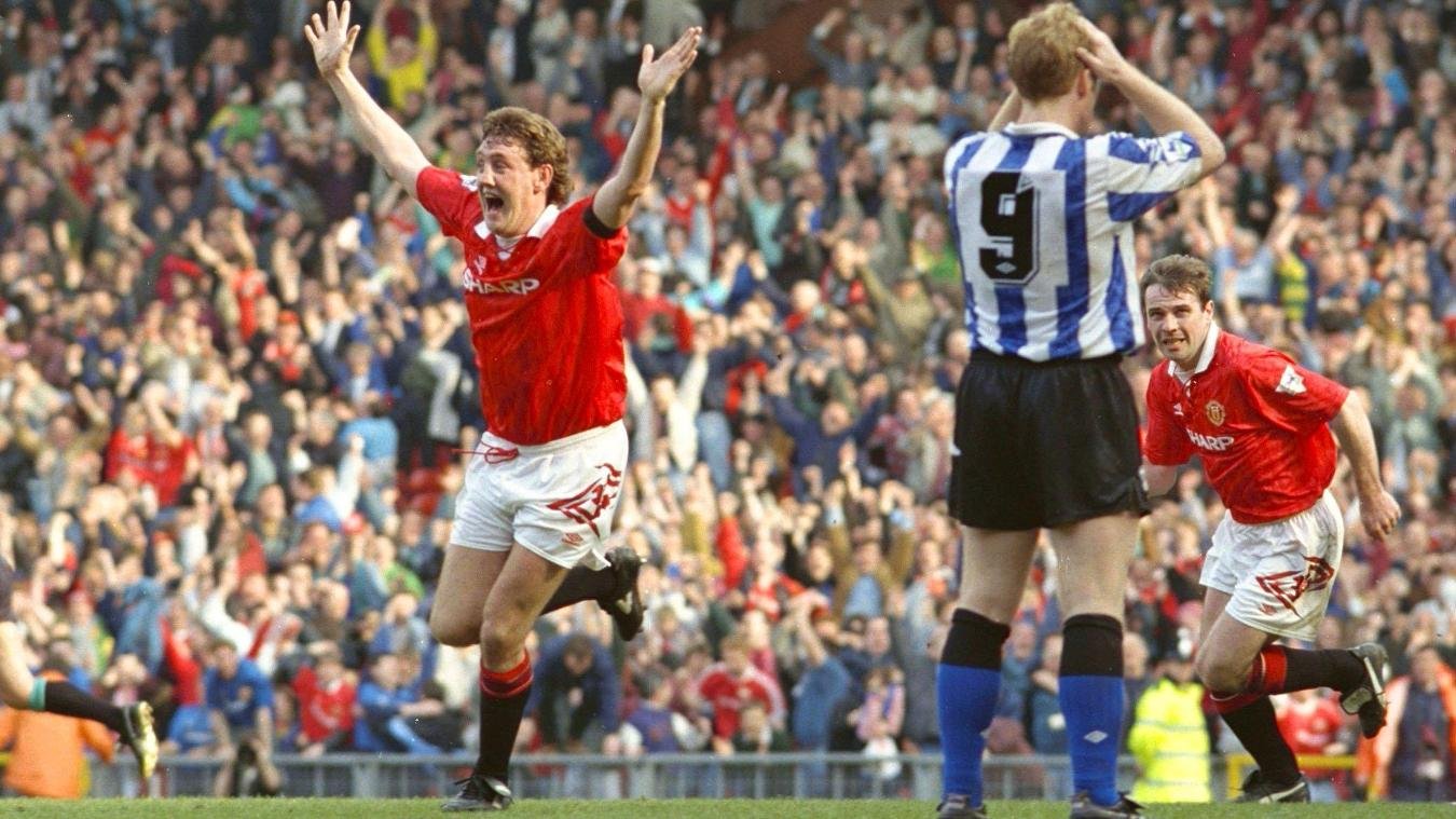 Steve Bruce after scoring for Manchester United against Sheffield United