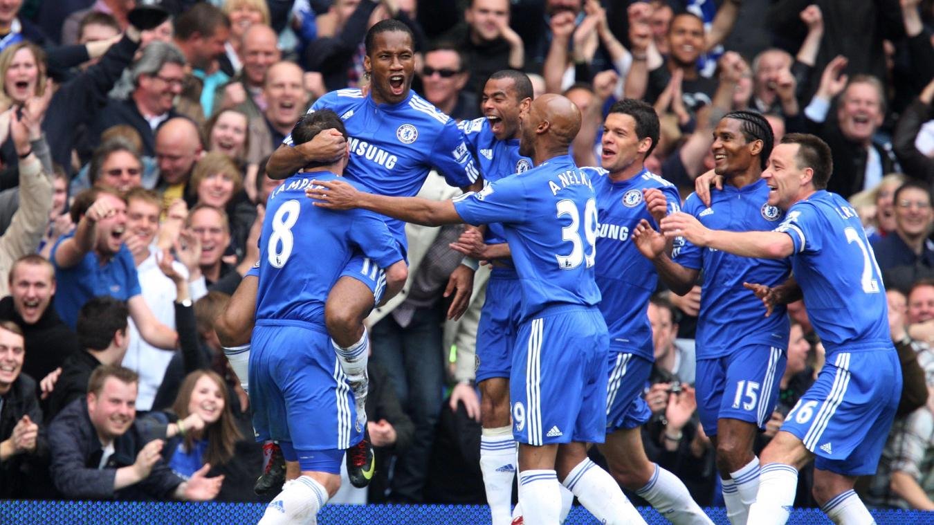 Didier Drogba celebrates with Chelsea after scoring a hat trick in 2009/10 Premier League